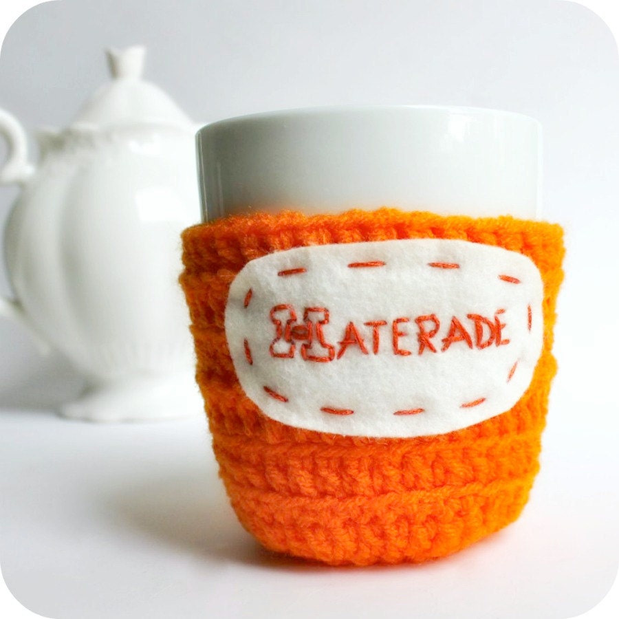 Funny coffee mug cozy tea cup orange neon haterade crochet handmade cover