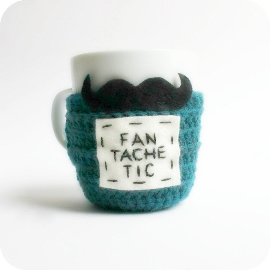 Mustache Mug Cozy Coffee Mug Tea Cup Cosy teal black crochet handmade cover