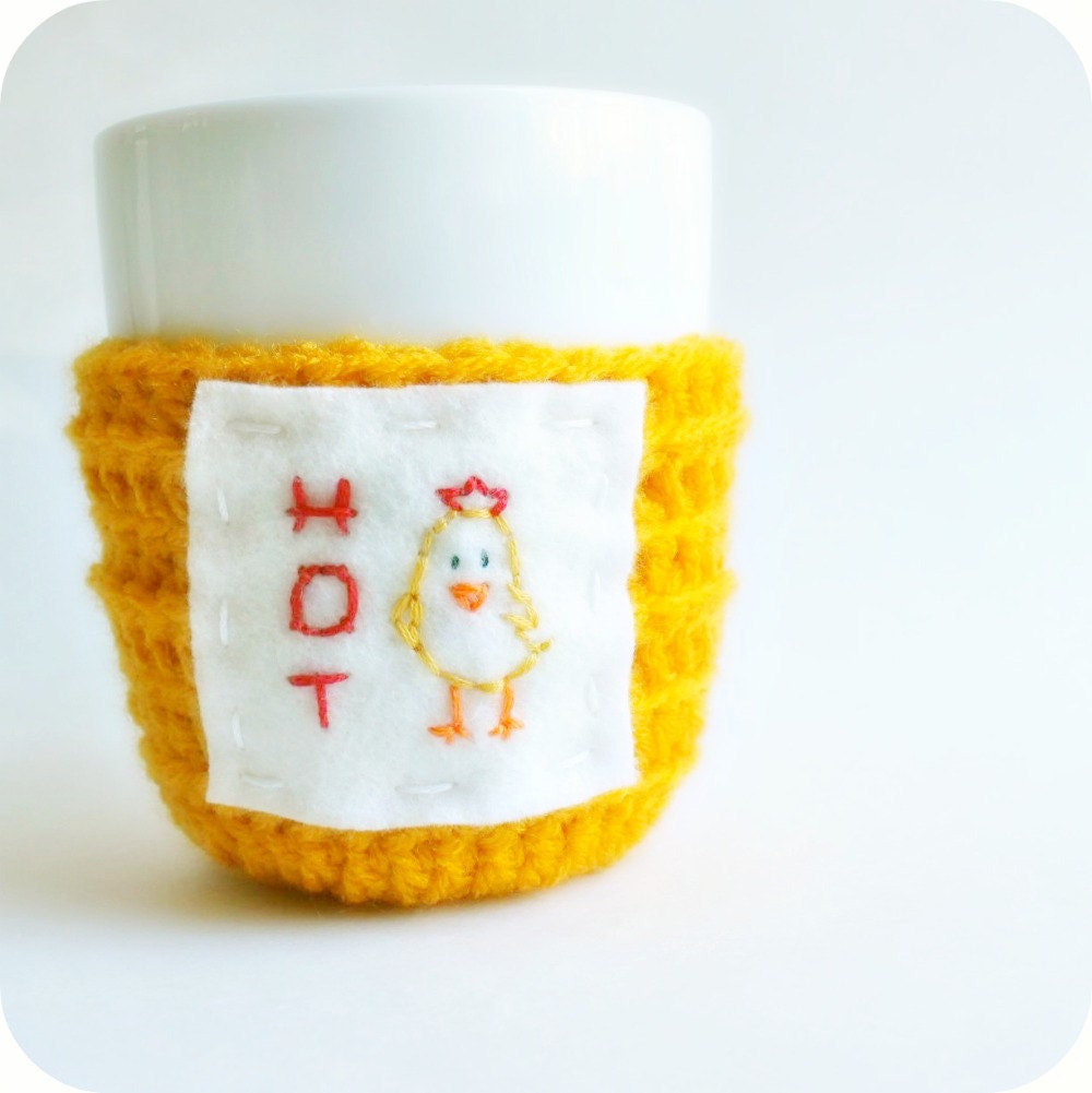 Funny coffee mug cozy tea cup Hot Chick golden yellow Easter spring farm crochet cover