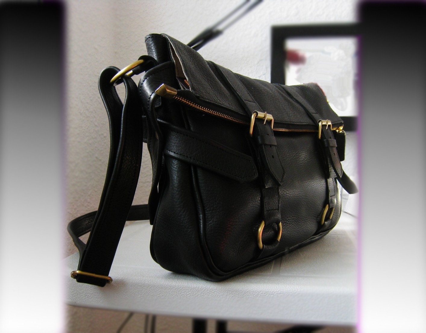 leather handbag---Adeleshop laptop messager satchel purse shoulder cross body bag in black