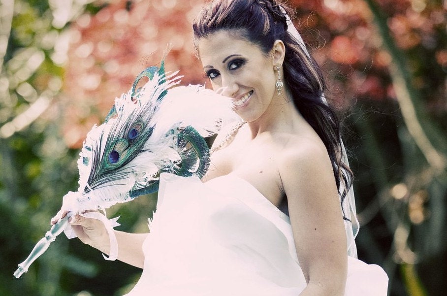 Lacey - Peacock Feather Swirl Bridal Fan Bouquet (custom MADE TO ORDER)