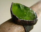 Big Rough Peridot Birch Bark Ring Sterling Silver Rustic Oxidized - Custom select your stone and size