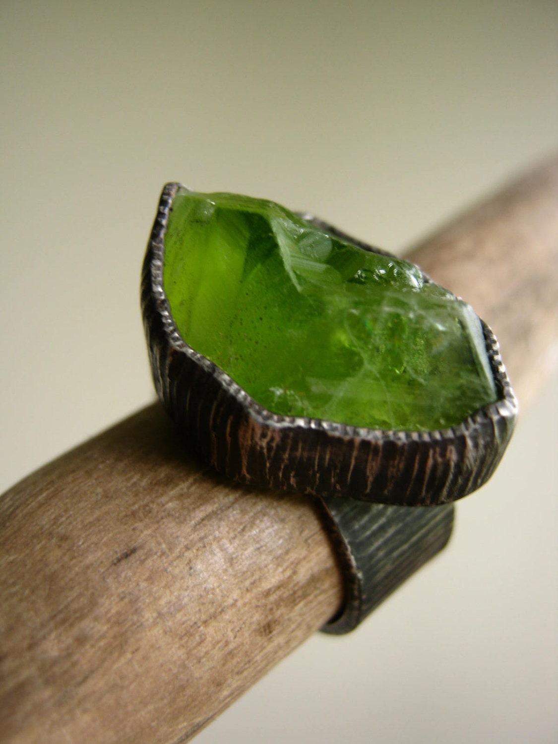 Big Rough Peridot Birch Bark Ring Sterling Silver Rustic Oxidized - Custom select your stone and size