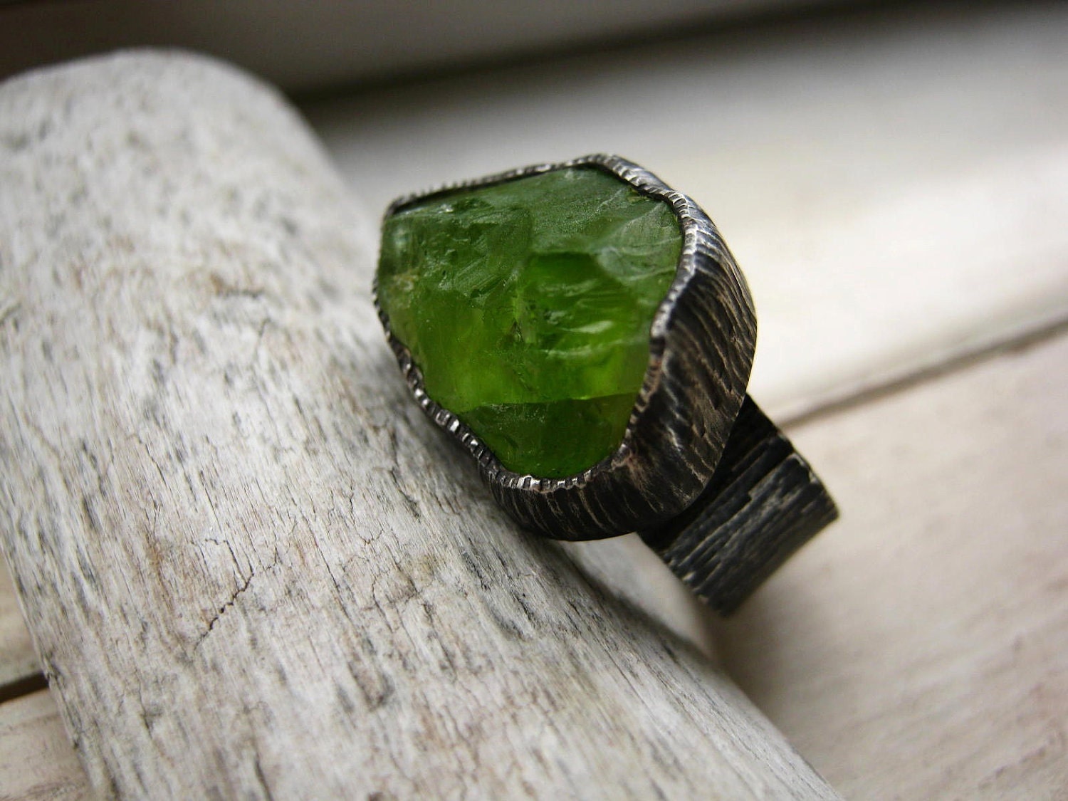 Big Rough Peridot Birch Bark Ring Sterling Silver Rustic Oxidized - Custom select your stone and size