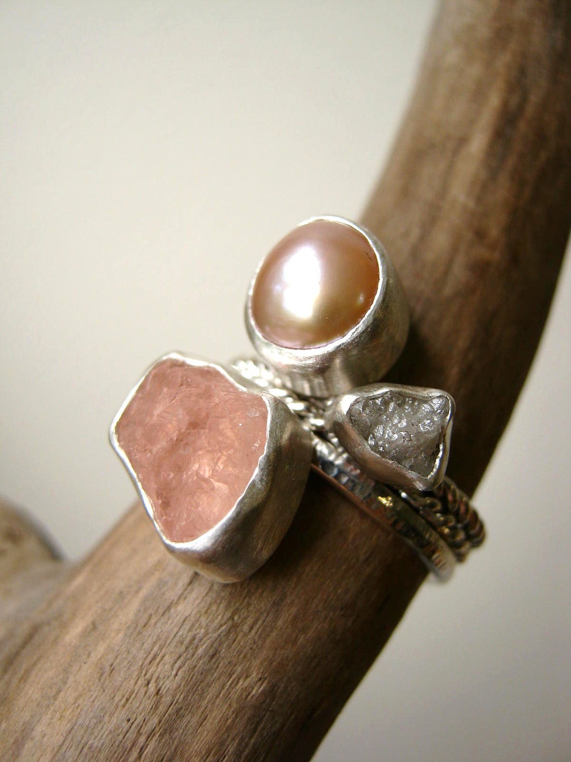 Rough Diamond, Rough Morganite and Natural Pearl Stack Ring Set - Engagement , Wedding