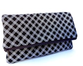Fold over clutch purse chocolate brown in a diamond plaid pattern zipper closure geometric clutch