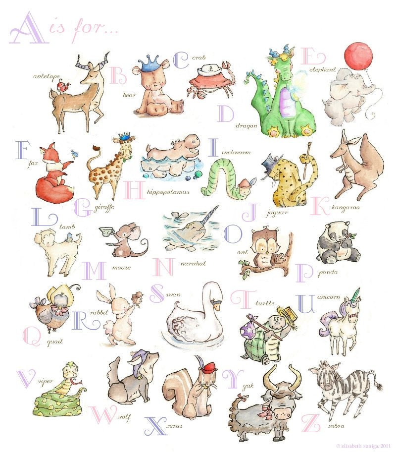 GIRLS Alphabet Chart. PRINT 8X10. Nursery Art Home Decor