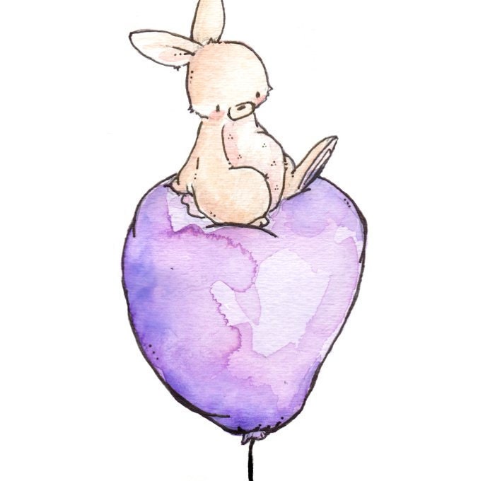 Children Art Print. Bunny and Balloon- PLUM. PRINT 8X10. Nursery Art Home Decor