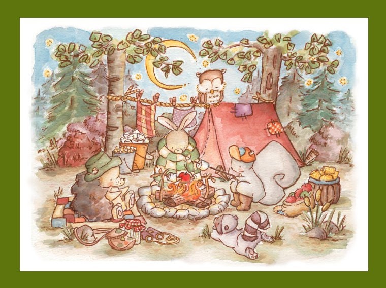 Children Art Print. The Camping Trip. PRINT 8X10. Nursery Art Home Decor