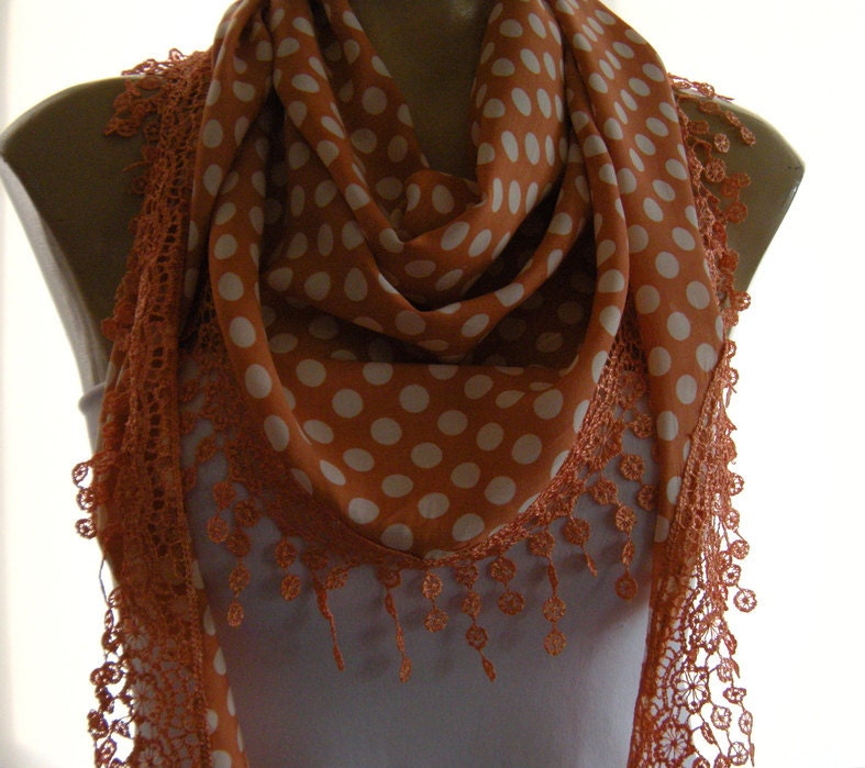Darling Dots..Dark Peach and White Polka Dots...Cotton Blend...Richly Fringed...