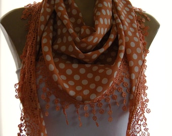 Darling Dots..Dark Peach and White Polka Dots...Cotton Blend...Richly Fringed...