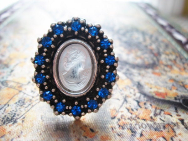 Cameo and Sapphire Adjustable Cocktail Statement Ring - Vintage Frosted Glass Cameo with Vintage Blue Rhinestones