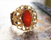 Adjustable Copper Ring with Delicate Gold Filigree and Marigold Orange Vintage Glass Navette