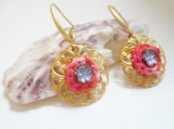 Golden Filigree Dangle Earrings with Peachy Coral Hand-Crocheted Circles and Lilac Vintage Glass Flowers - Mother's Day Gift