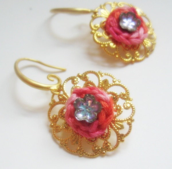 Golden Filigree Dangle Earrings with Peachy Coral Hand-Crocheted Circles and Lilac Vintage Glass Flowers - Mother's Day Gift