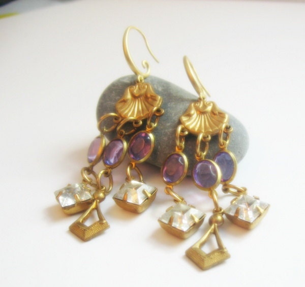 Vintage Brass Scallop Shell and Vintage Amethyst and Clear Crystal Chandelier Dangle Earrings - Mother's Day Gift