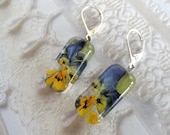 Ombre Purple, Lavender and Yellow Pansy Pressed Flower Glass Rectangle Dangle Earrings-Symbolizes Loyalty