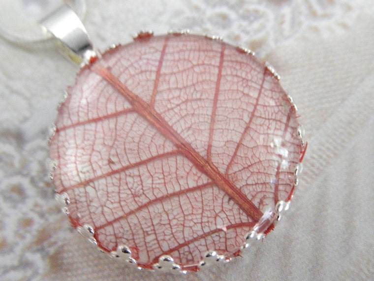 Rustic, Woodsy Burgundy Intricate Skeleton Leaf  Crown Glass Pendant-Symbolizes Peace, Tranquility, Serenity