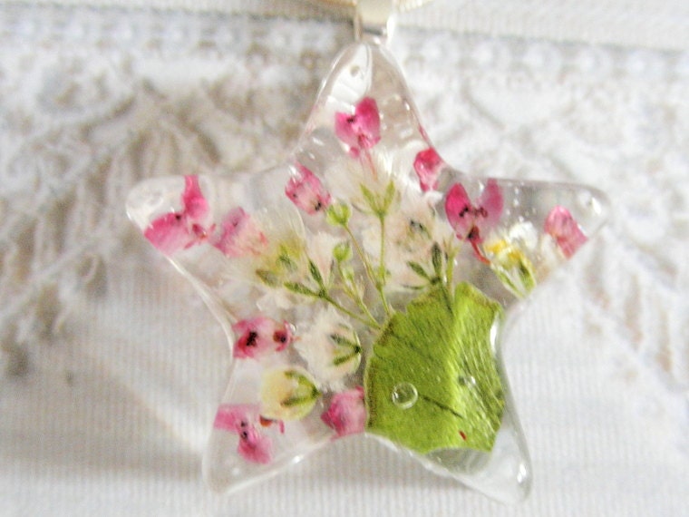 Burst of Color-Sweet Pink Heather, Baby's Breath, Ferns Pressed Flower Jewelry-Resin Star Pendant-For The Star In Your Life