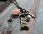 Romantic Charm Pendant, Antique Gold Brass, Vintage Style Necklace, Key, Love Letter, Pink Rose, Pearl - POETRY