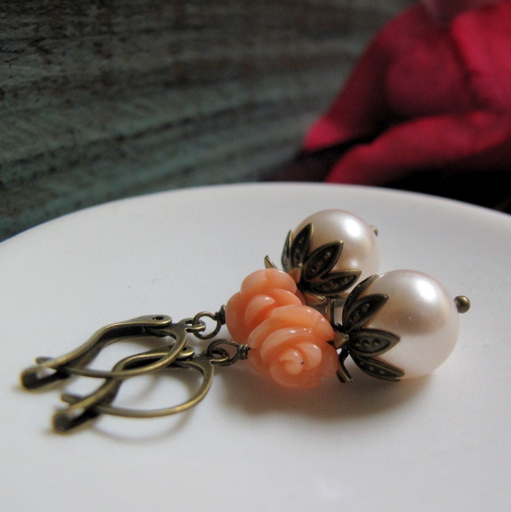 Fairytale - Dangle Earrings, Antique Gold Brass, Cream Pearl, Peach Coral Rose, Vintage