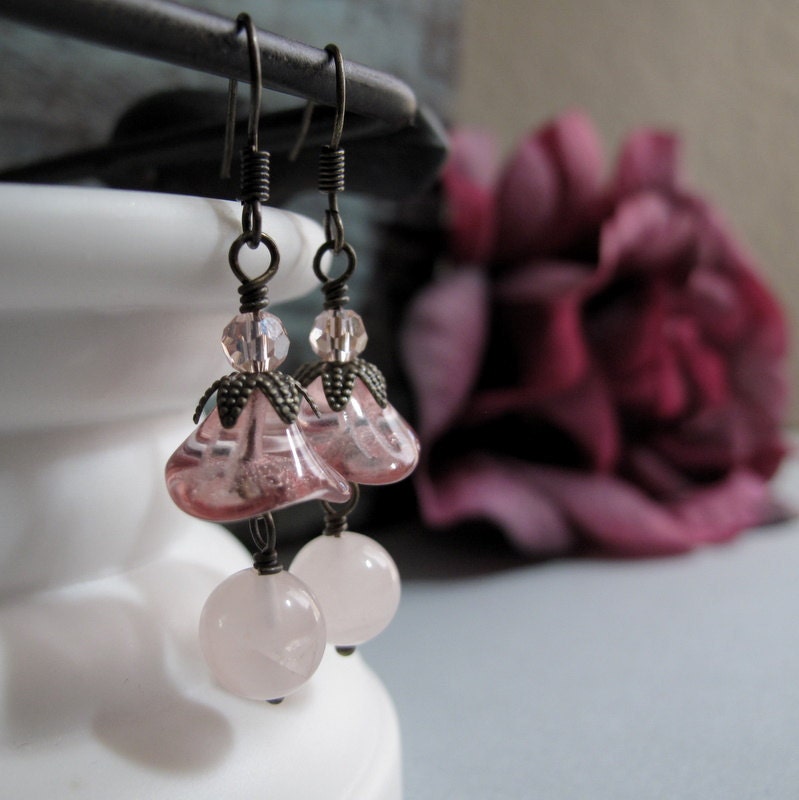 Blush - Dangle Earrings, Brass, Pink Flowers, Rose Quartz, Petal Bead Caps, Victorian, Vintage