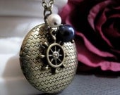 Set Sail - Locket, Medium Round, Antique Gold Brass, Nautical Ship Wheel, Pearl Charms, Vintage, Long 28 Inch Chain