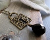 Steampunk Pendant, Skeleton Key Lock Necklace, Black Onyx Teardrop, Vintage Style Padlock Pendant - MYSTERY