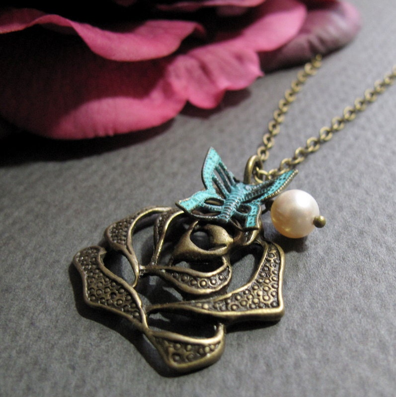 Rose Pendant Flower Necklace, Butterfly and Pearl Vintage Style Necklace, Antique Gold Brass - HARMONY