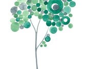 Young tree with grey birds art poster, YOUNG TURQUOISE TREE, archival digital giclee art print, home room wall decor