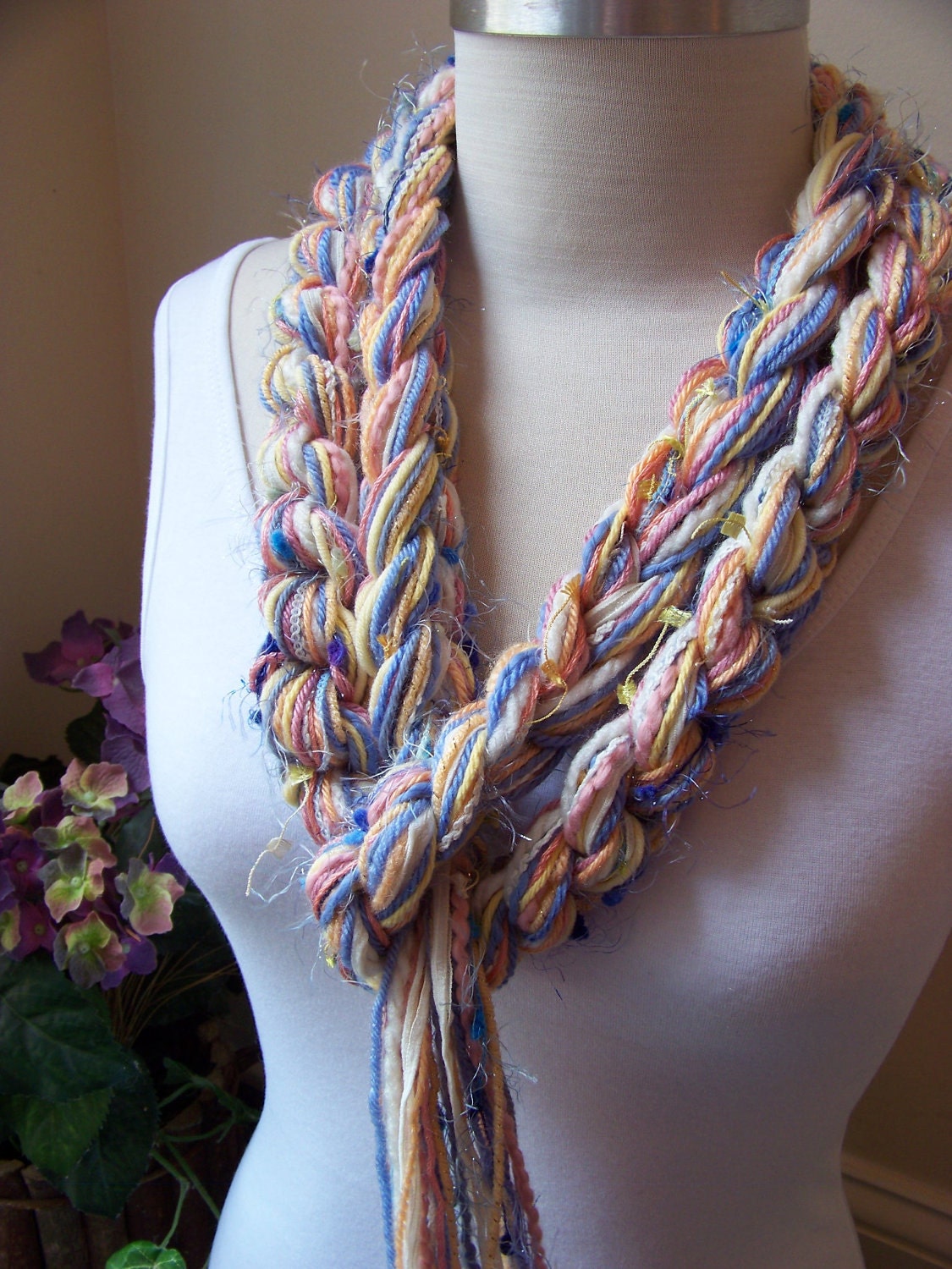 Crochet Scarf, BLOSSOM Pippy Scarf, Blue, Rose, Lemon Yellow, Creamy White, Cantaloupe, Skinny Scarf, Spring Fashion