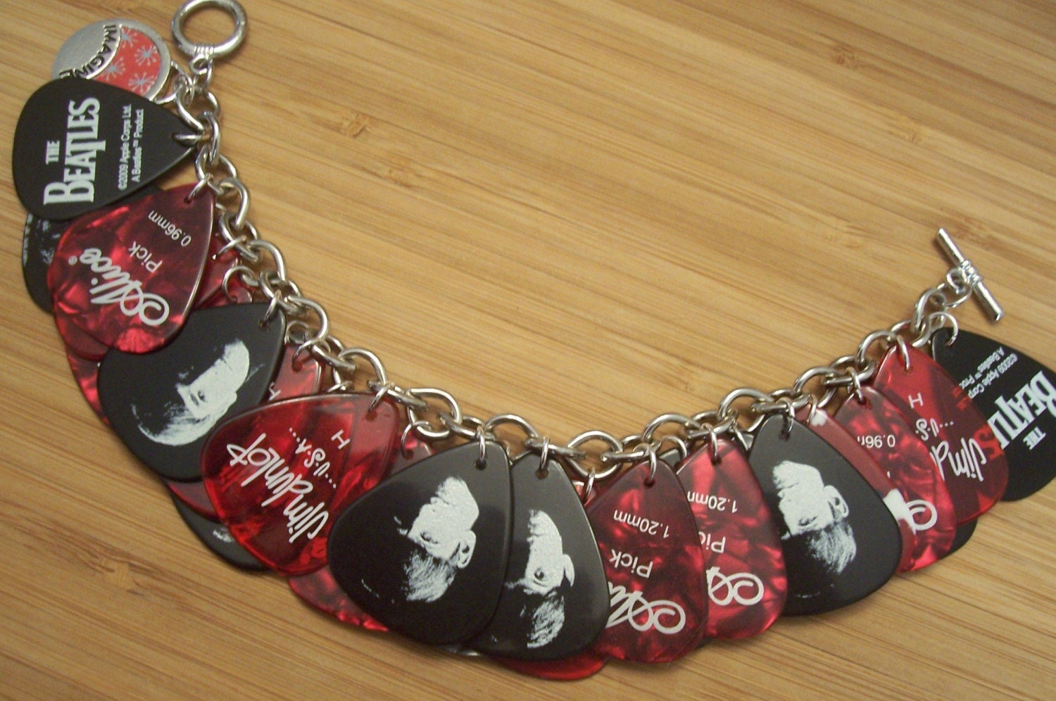 Repurposed Beatles Guitar Pick Bracelet Red and Black