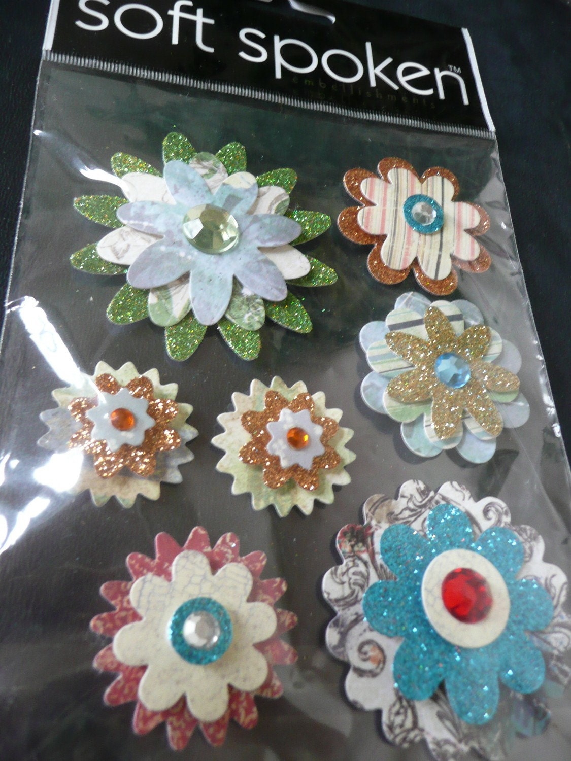 LAYERED FLOWERS Soft Spoken Scrapbooking Supplies Stickers- Retro, Gems, Summer