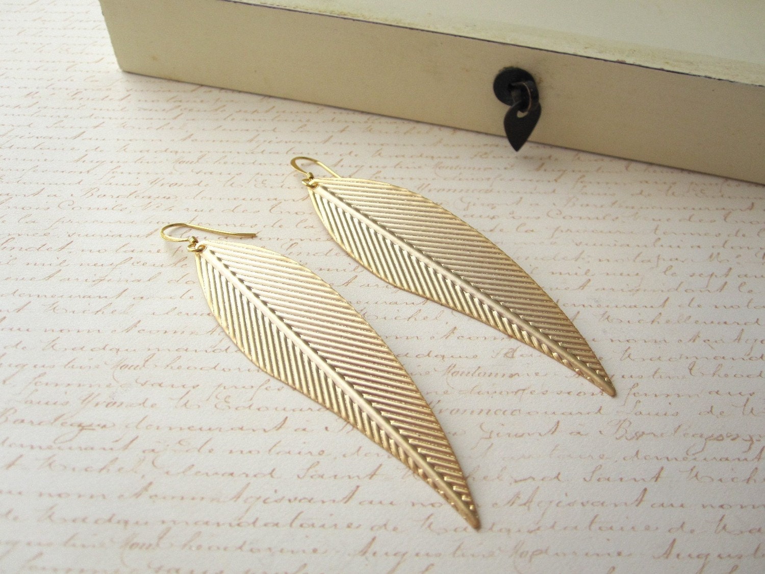 RESERVED Long Gold Feather Earrings
