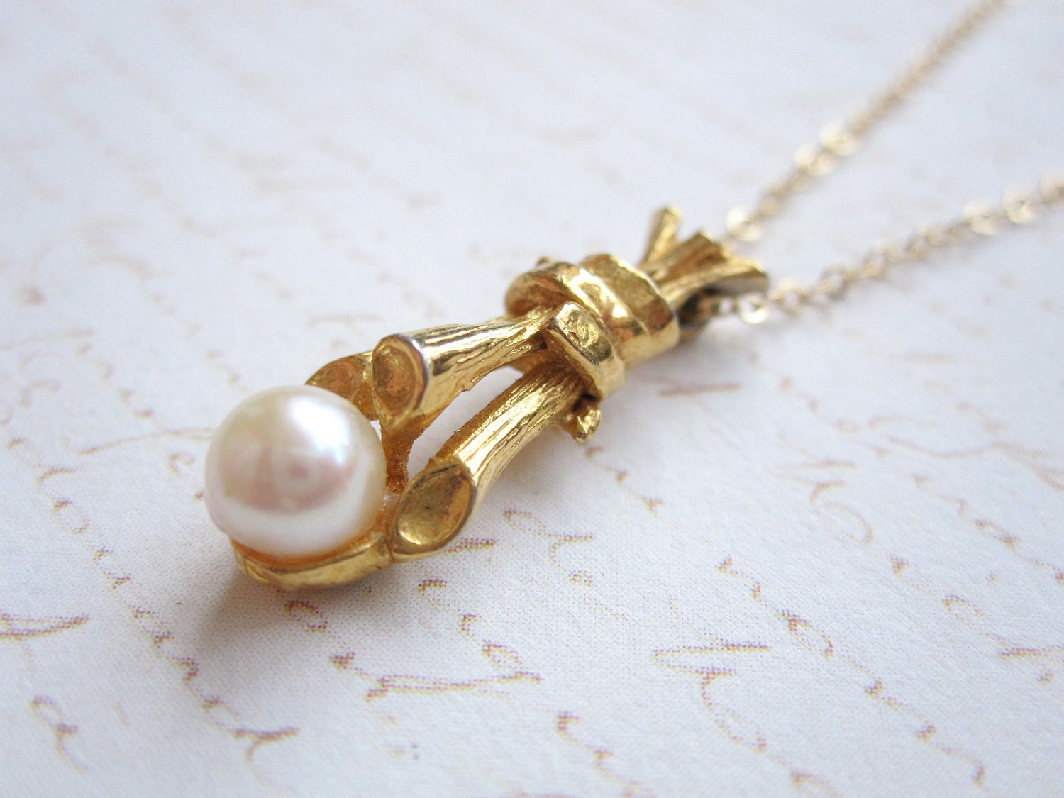 Vintage Gold Plated Bamboo and Faux Pearl Pendant 14k Gold Filled Chain Costume Jewelry