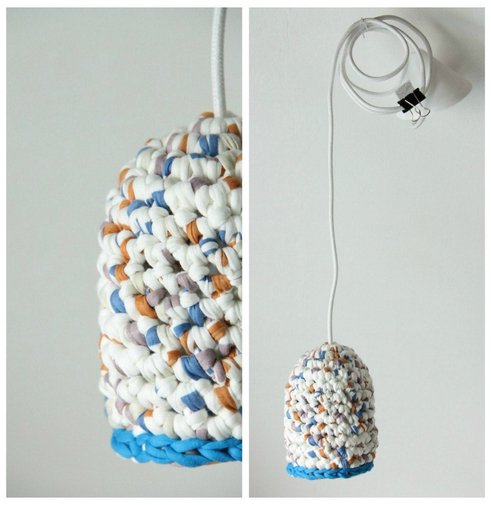 Hand crocheted pendant lamp retro blue. Unique design