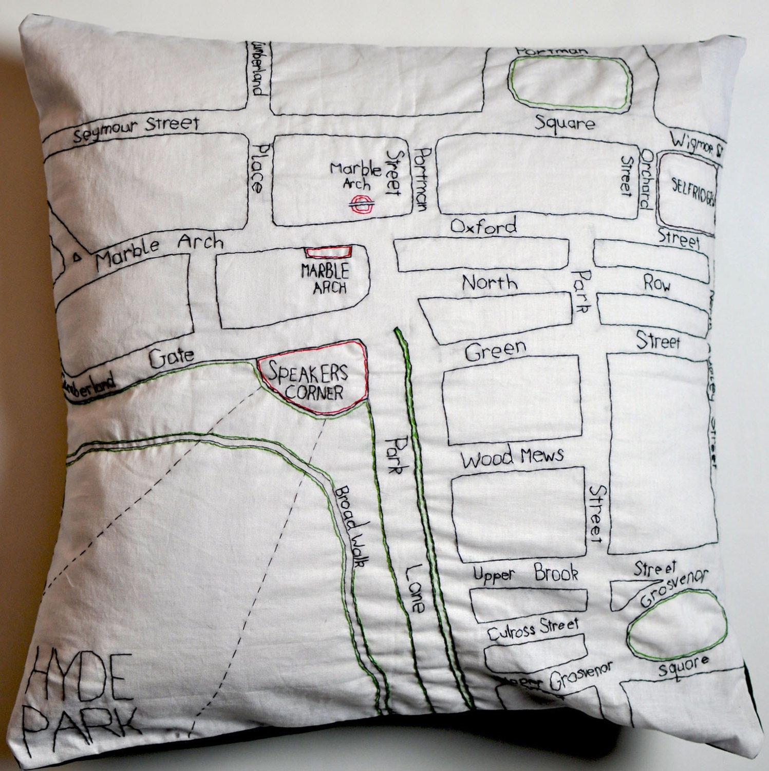 Embroidered London Map Cushion - Marble Arch
