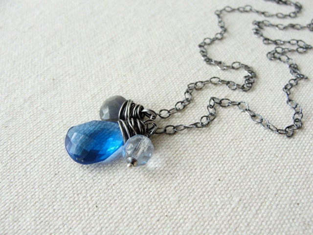 Long Multi Stone Pendant: Necklace, Blue Hydro Quartz, Labradorite, Glass, Oxidized Sterling Silver, Handmade, Fashion Jewelry