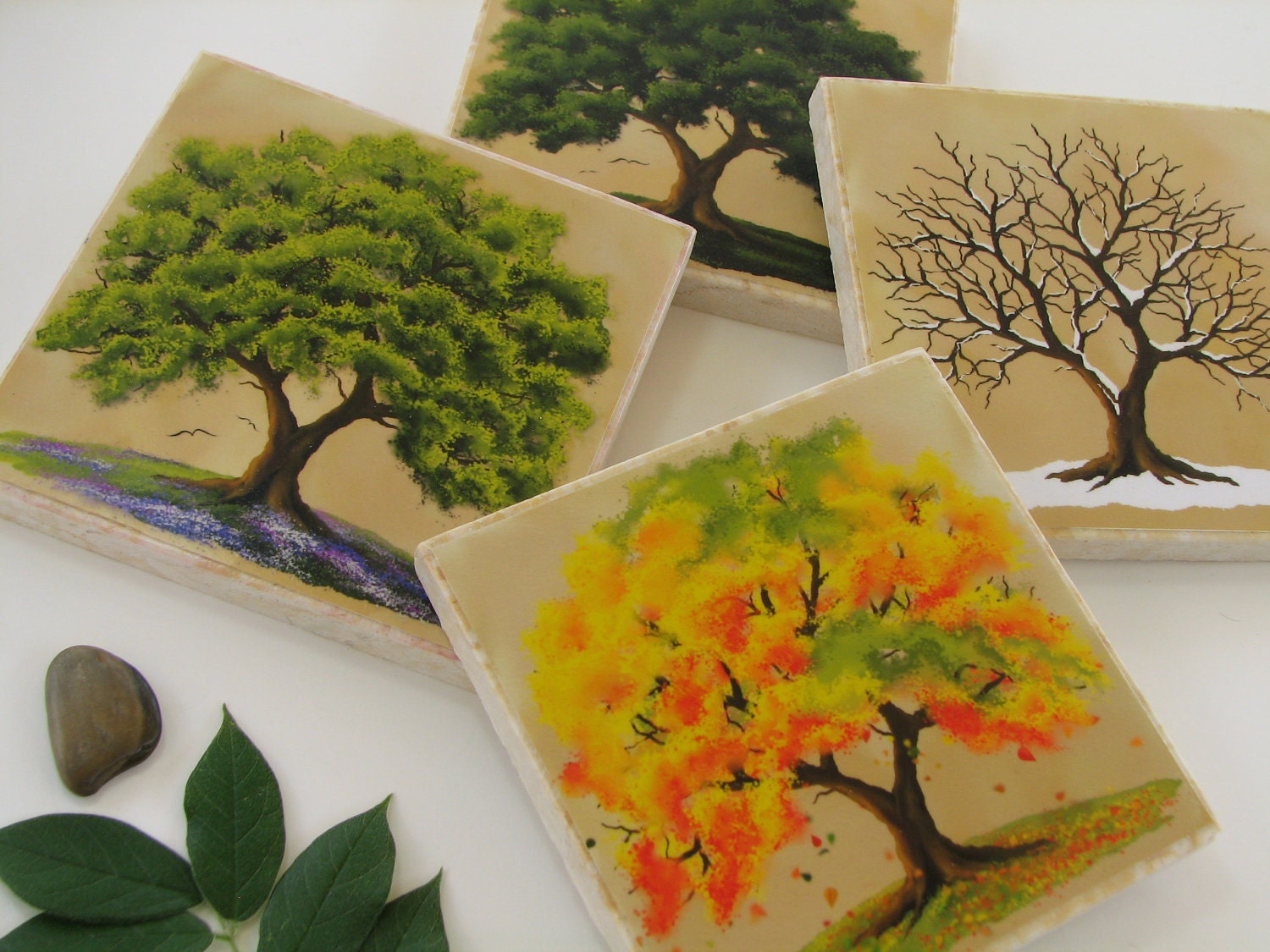 Four Season Coasters, 4 Seasons Oak Tree Table Decor, Natural Stone Tile, Winter, Summer, Spring, Fall, Autumn, Set of 4
