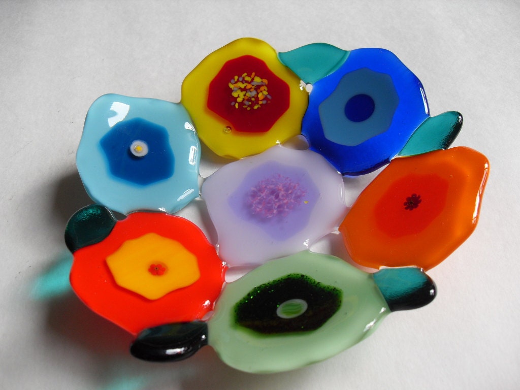 Contemporary blooms colorful fused glass bowl