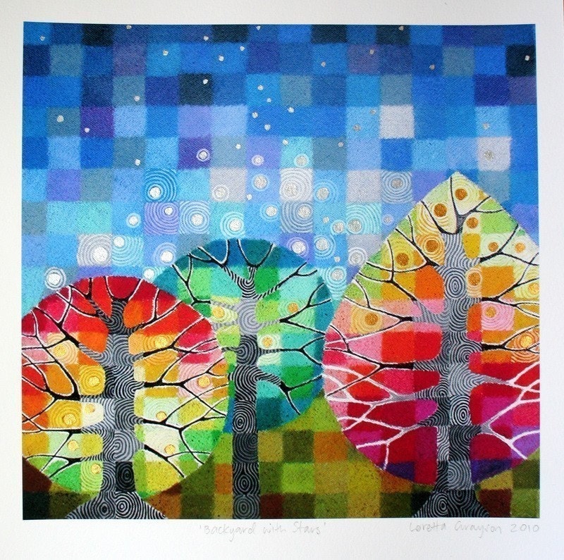 Backyard with Stars print, with handpainted details