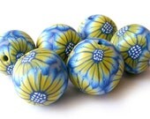 Polymer Clay Round Beads With Blue and Yellow Flowers