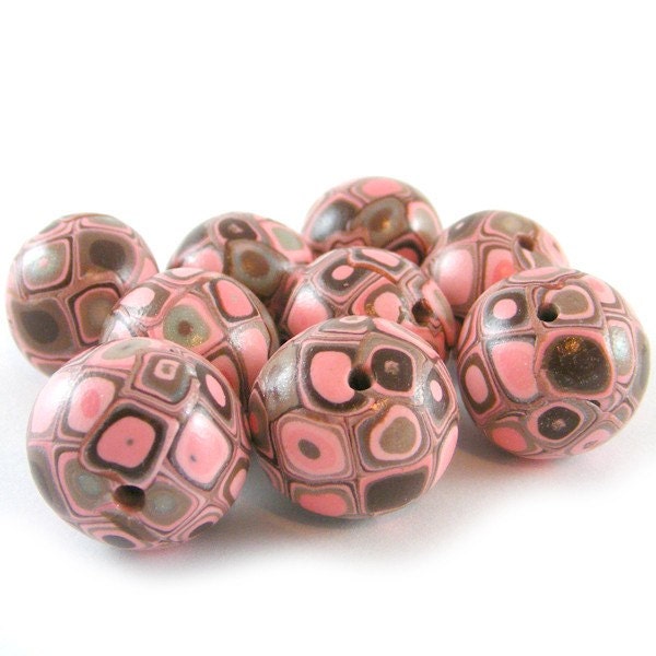 Polymer Clay Beads with Retro Pattern in Pink And Brown - Set of 9