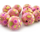 Polymer Clay Beads with Retro Pattern in Wassabi Green and Pink - Set of 10