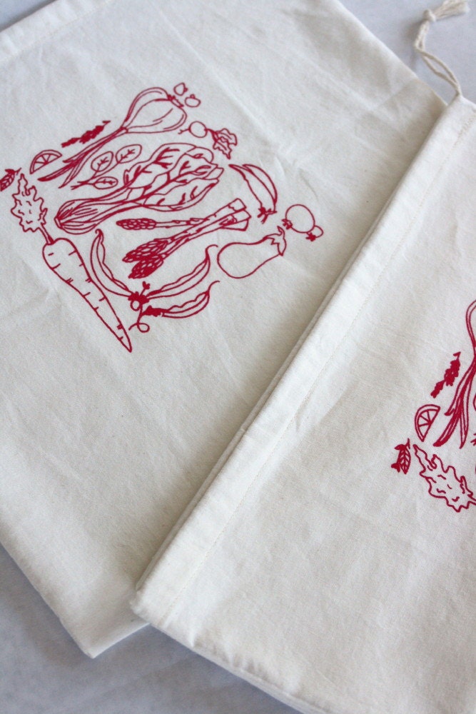 Hand Printed Reusable Produce or Bulk Food Bags, Set of 2, Vegetable Garden Print