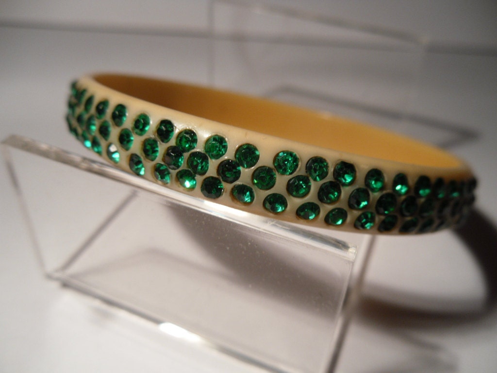 REDUCED. Art Deco Flapper Bangle. Three Rows of Glorious Green Rhinestones and Celluloid. 1920s.