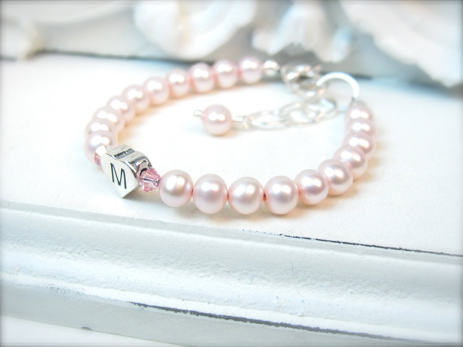 Baby Bracelet - Pink Freshwater Pearl Bracelet with Initial Heart for Girl, Toddler or Baby