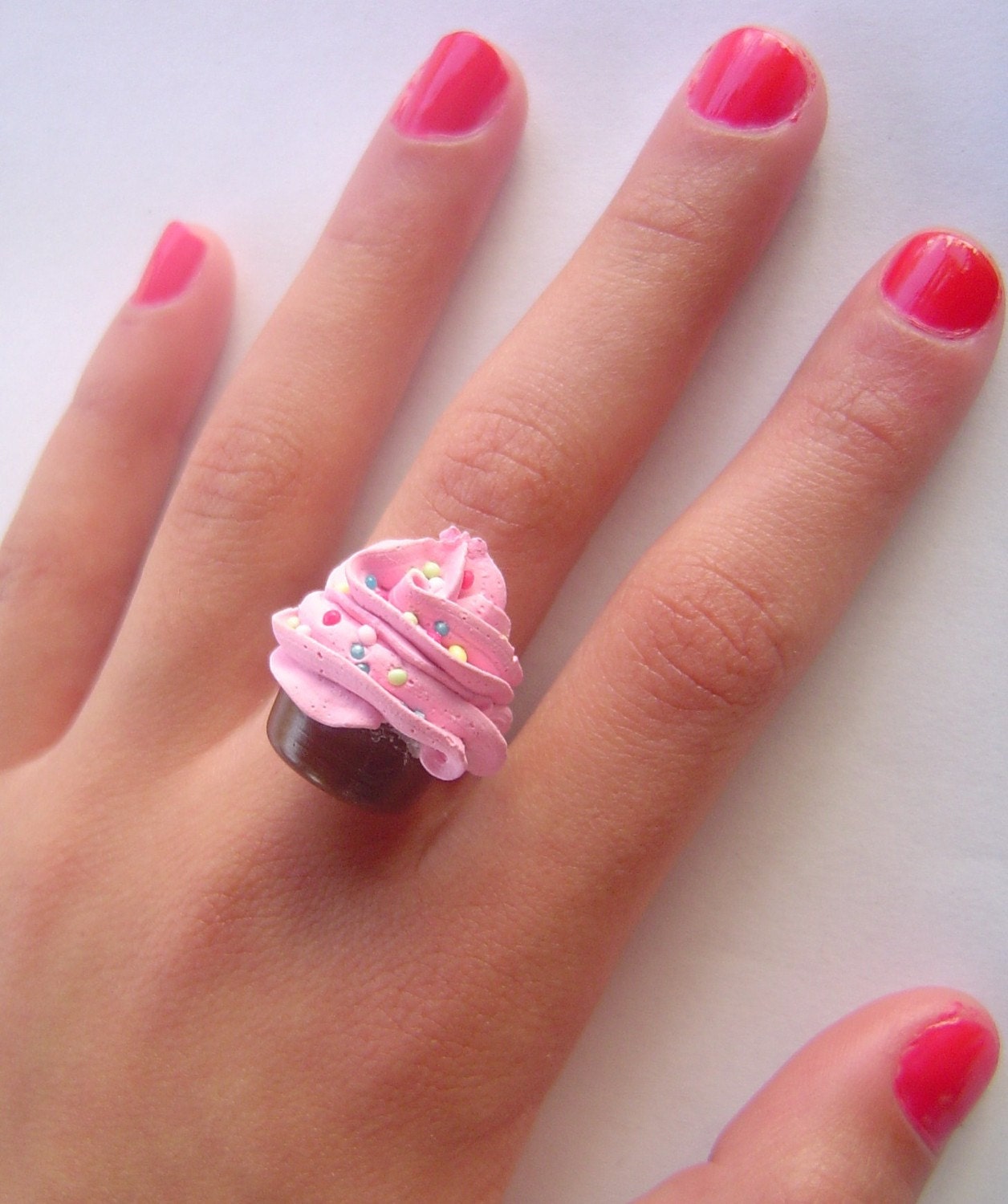 Cupcake Ring Strawberry fake cupcake sprinkled with sweet candy adjustable ring -  pink frosting- unique gifts for birthday ,holidays