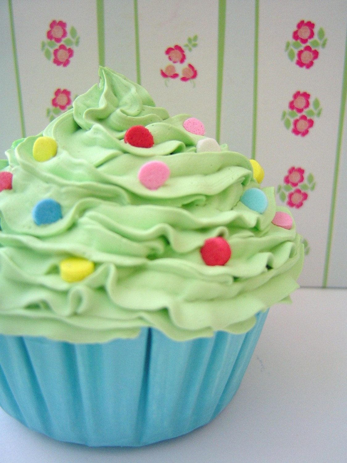 Realistic fake cupcake for photography session props ,christmas tree ornament, first birthday party ,girls room, bakery decor green icing
