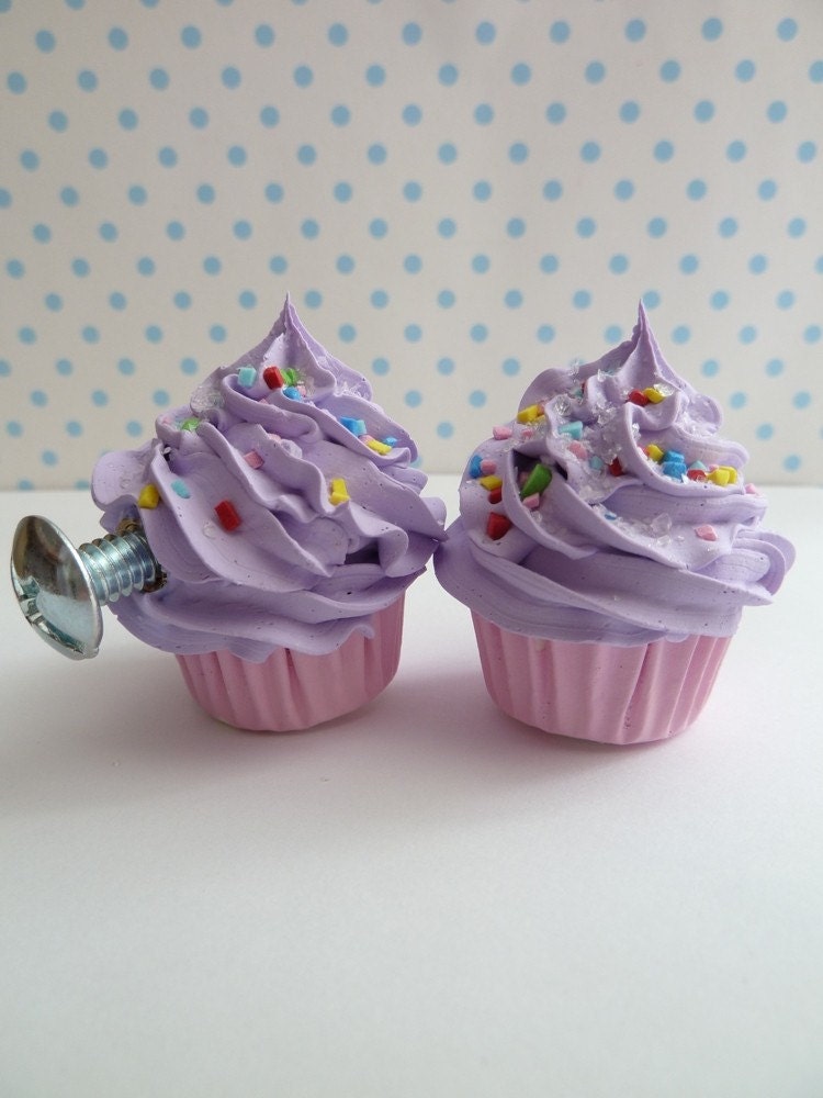childrens pull knobs fake cupcake Door knobs set of 2 dresser knobs ceiling fan pulls (kitchen,bakery,girls room, coffee shop) purple icing